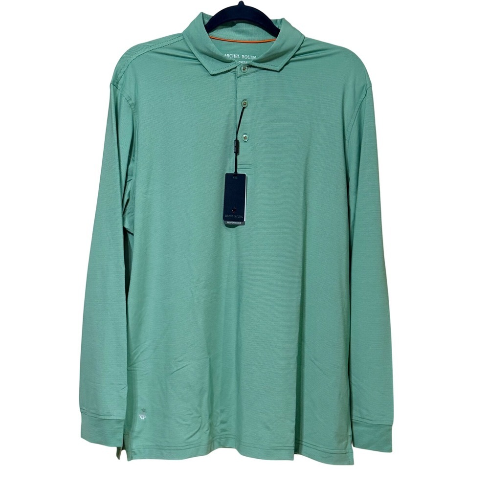 Michel Rouen Performance Polo Men Large Mint Green Striped Long Sleeve GolfShirt
